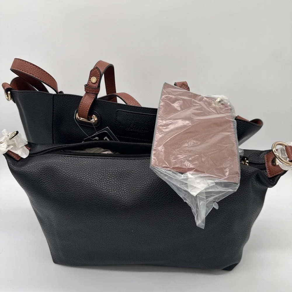 G.H. Bass 3 in 1 Black Brown Crossbody Tote Clutch Wristlet Purse New
